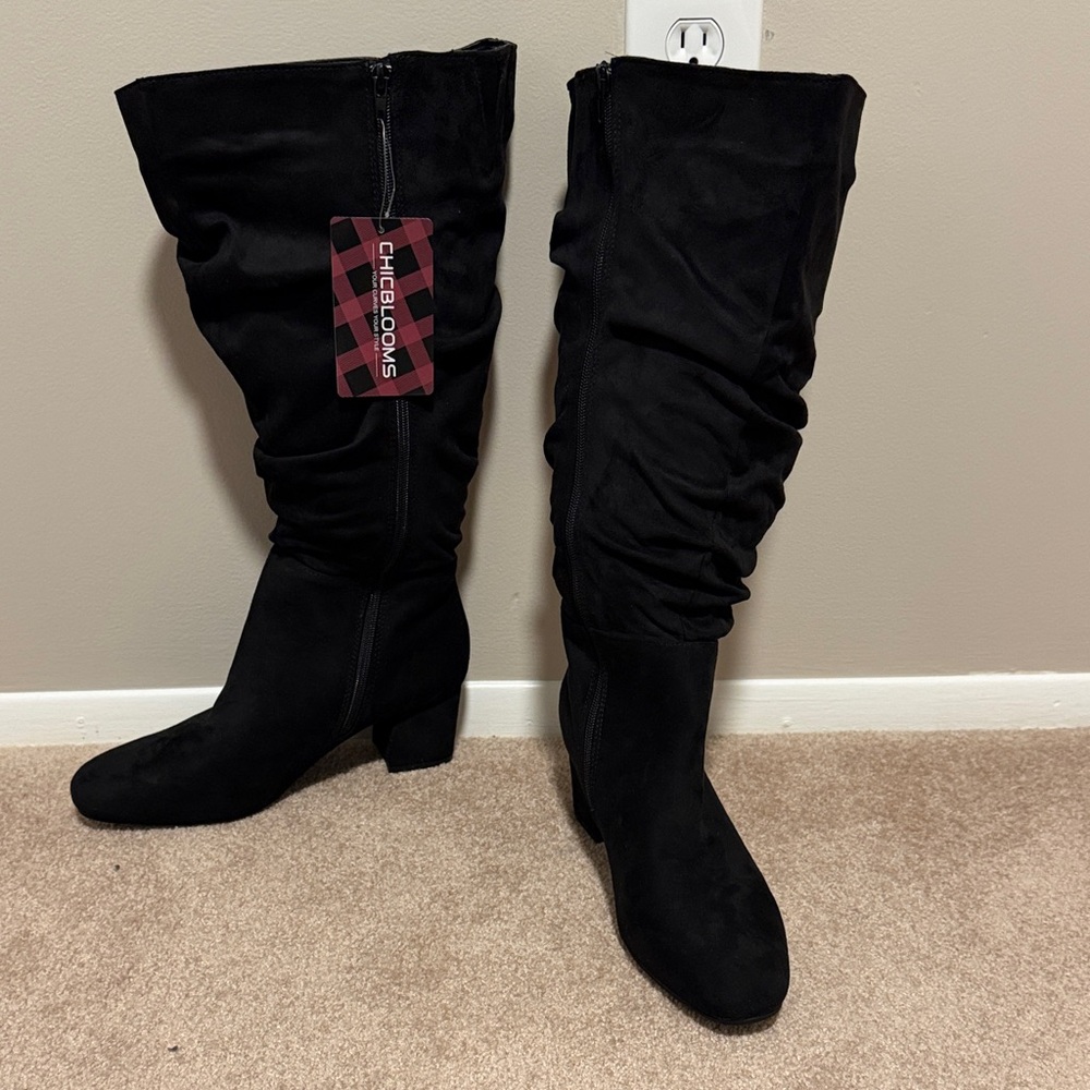 Chic Elomus Black Slouch Knee-High Heeled Boots